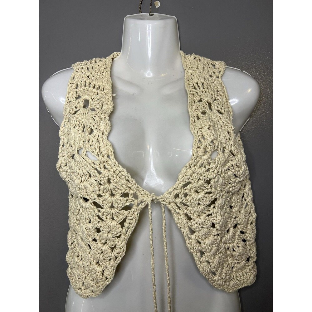Express Sweater Vest Womens Medium Beige Crochet Open Knit Tie Front Boho